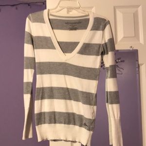 Grey and White Striped Aeropostale Sweater